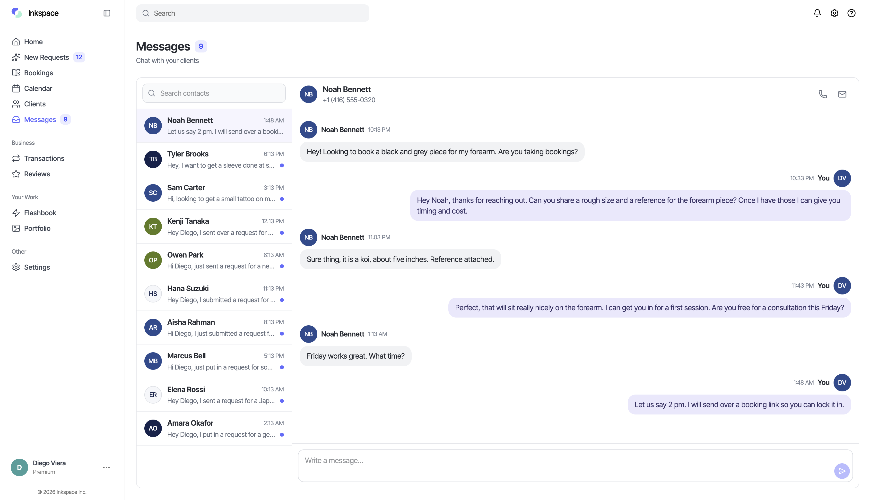 Inkspace messages with client conversations about bookings