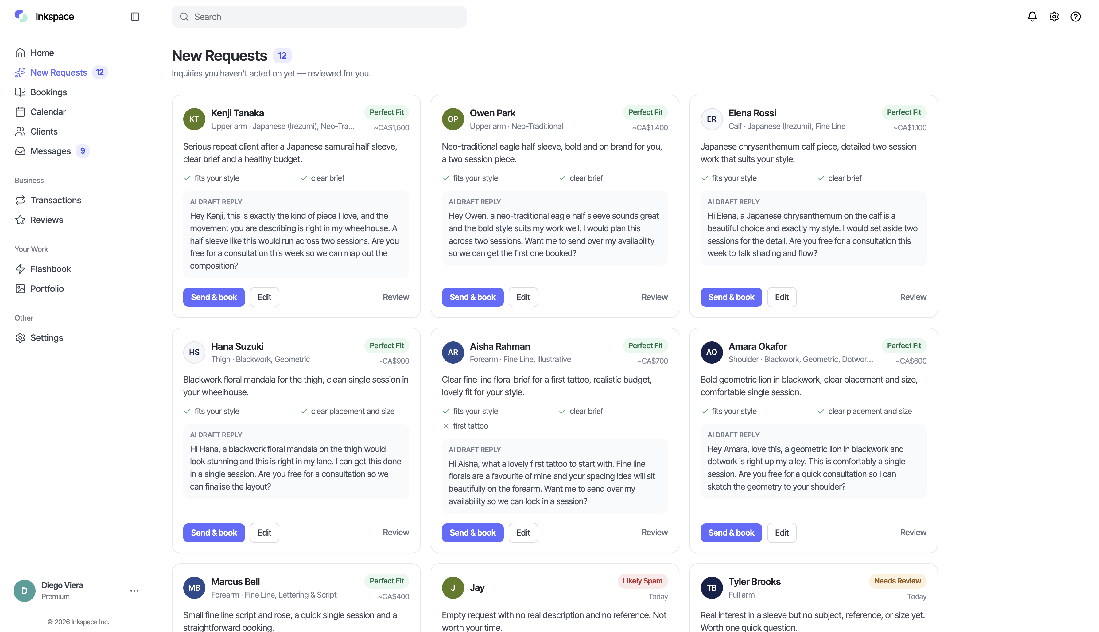 Inkspace New Requests page with AI-triaged tattoo leads