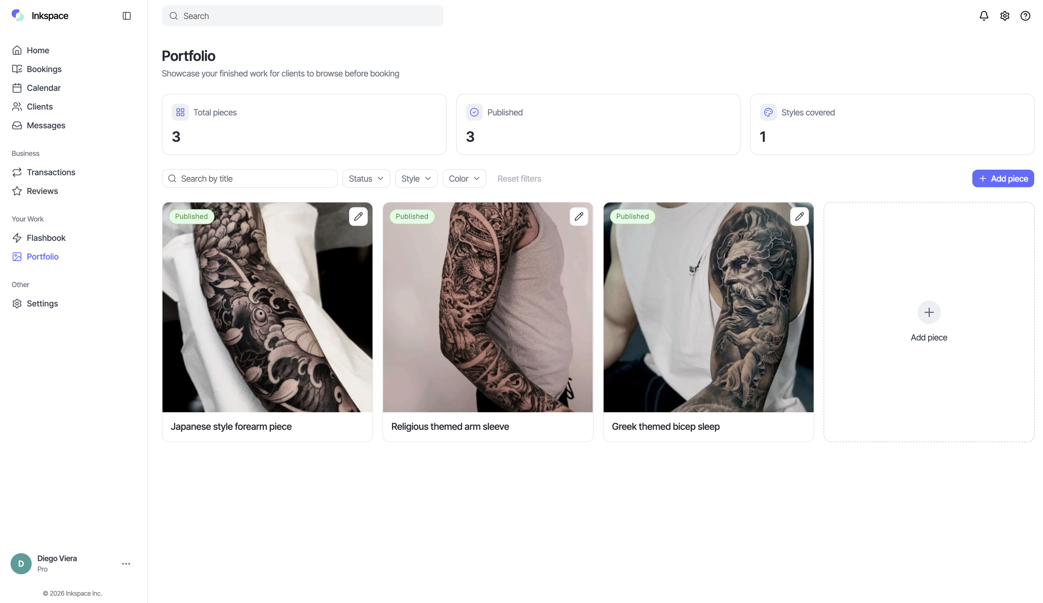 Inkspace portfolio of finished tattoo work