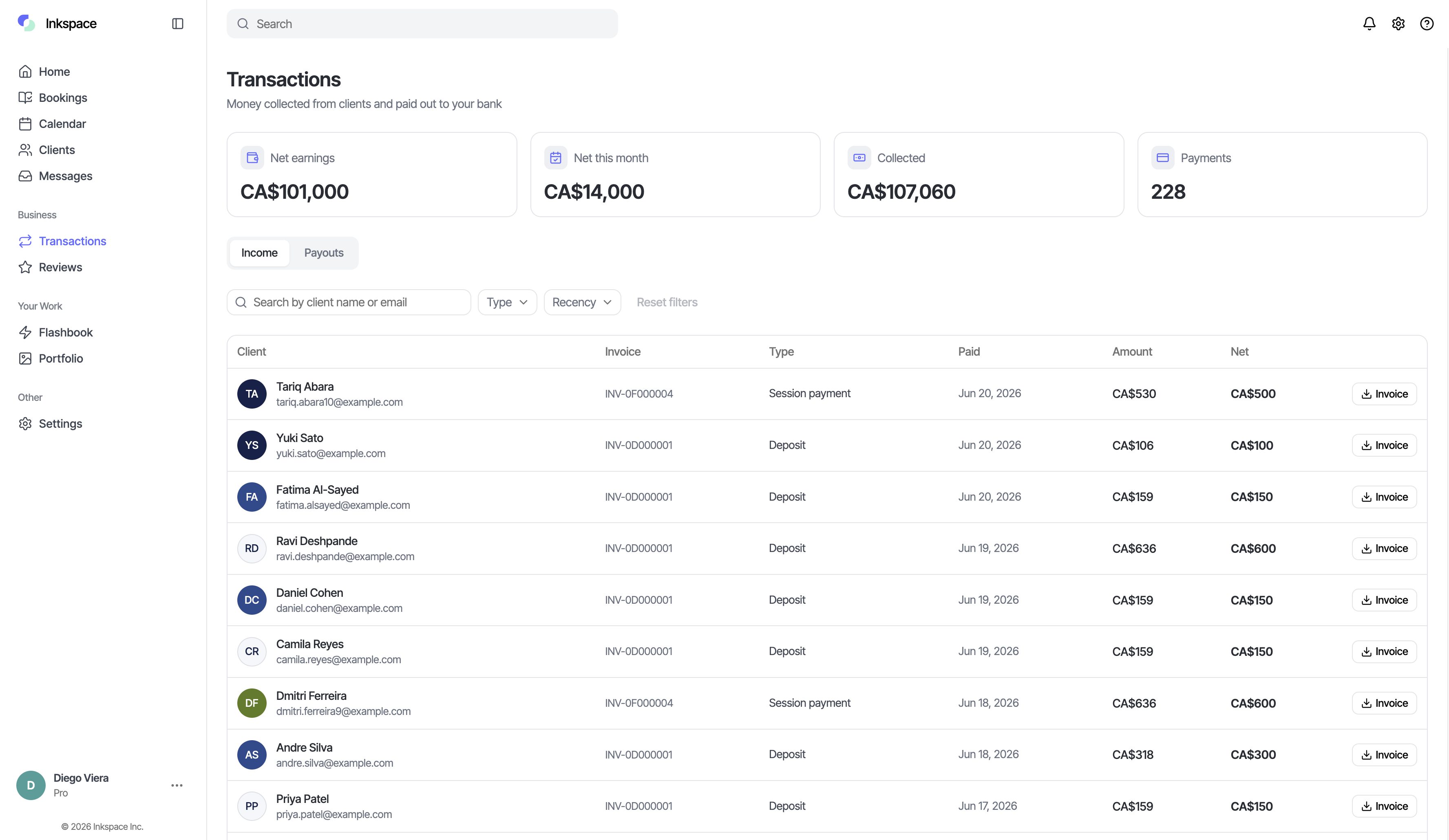 Inkspace transactions view with income, deposits and payouts